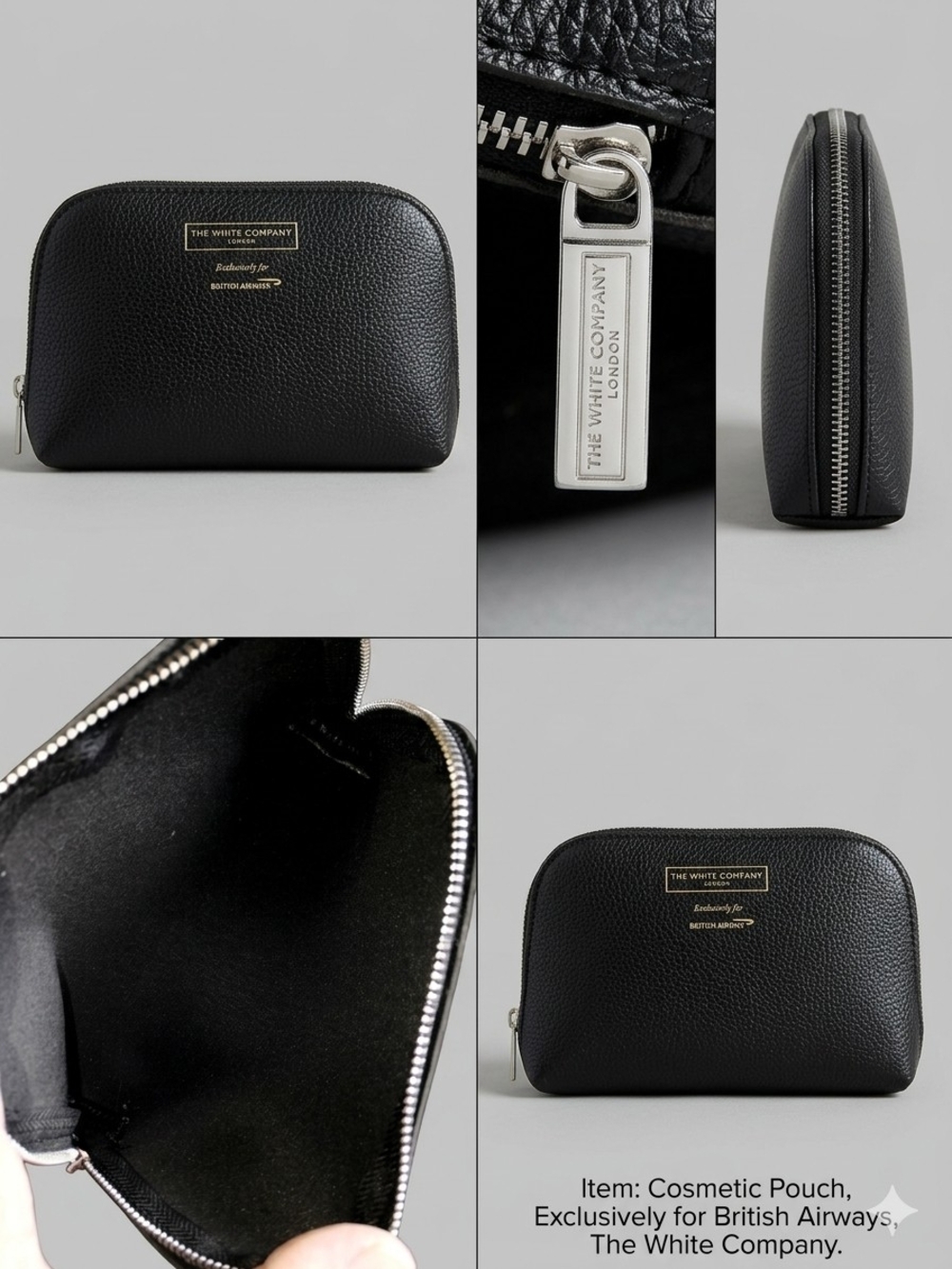 The White Company Black Pebbled Leather Travel Pouch with Metallic Accents